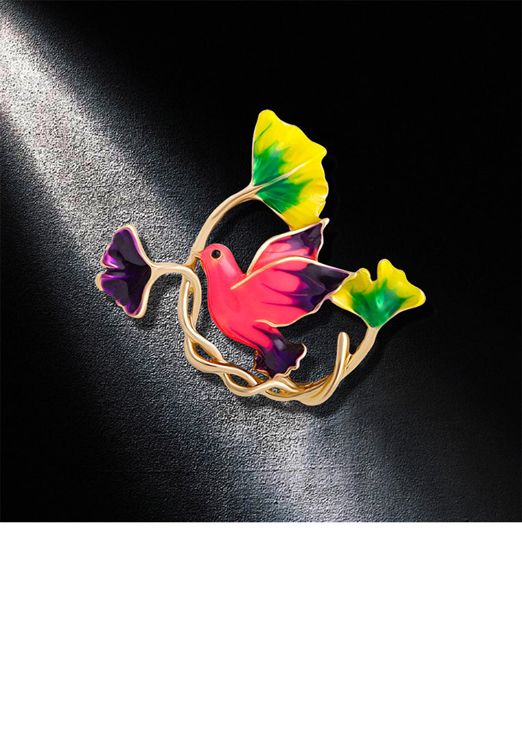 Fashion and Elegant Plated Gold Enamel Pink Peace Dove Leaf Brooch - Vibrant Color