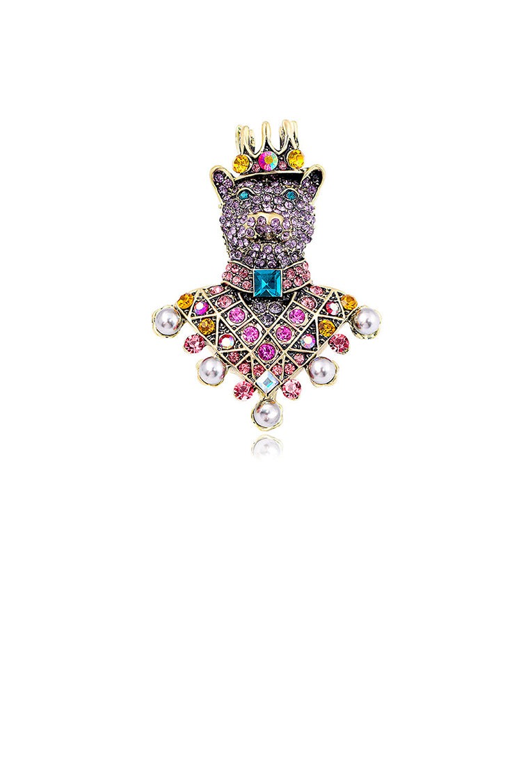 Fashion Brilliant Plated Gold King Bear Imitation Pearl Brooch with Cubic Zirconia - Luxurious Look