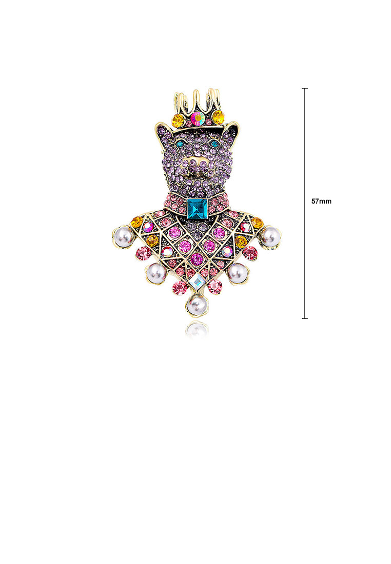 Fashion Brilliant Plated Gold King Bear Imitation Pearl Brooch with Cubic Zirconia - Luxurious Look