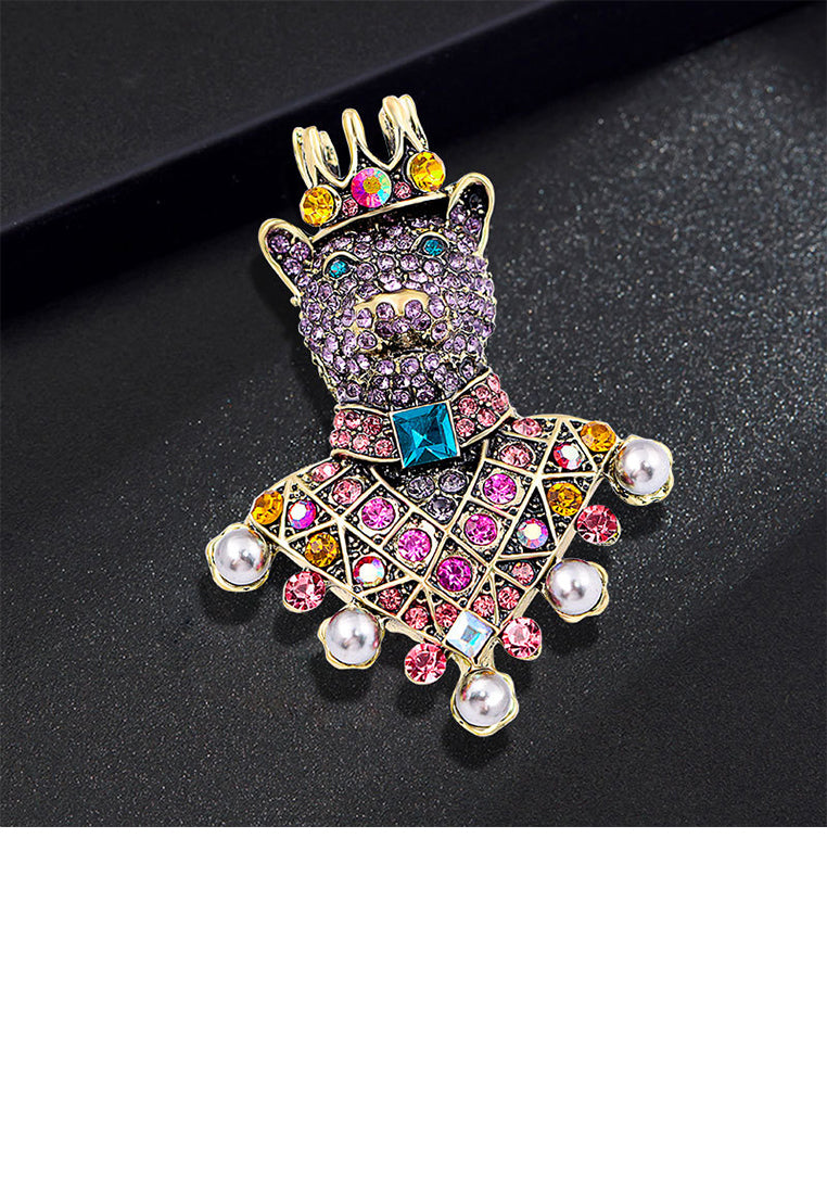 Fashion Brilliant Plated Gold King Bear Imitation Pearl Brooch with Cubic Zirconia - Luxurious Look