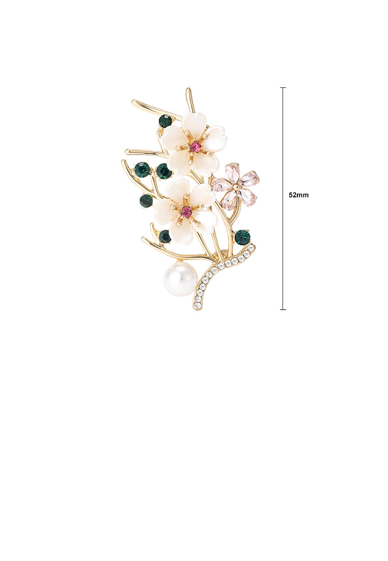Fashion and Elegant Plated Gold Peach Imitation Pearl Brooch with Cubic Zirconia - Luxurious Look