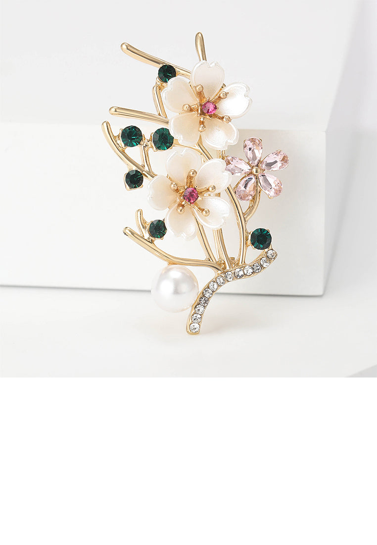 Fashion and Elegant Plated Gold Peach Imitation Pearl Brooch with Cubic Zirconia - Luxurious Look