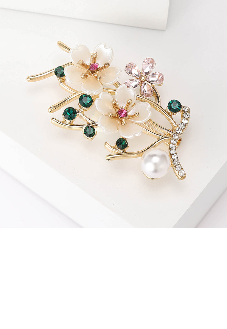 Fashion and Elegant Plated Gold Peach Imitation Pearl Brooch with Cubic Zirconia - Luxurious Look