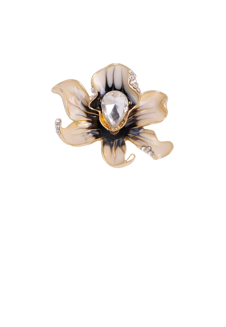 Elegant and Fashion Plated Gold Enamel White Peony Brooch with Cubic Zirconia - Luxurious Look
