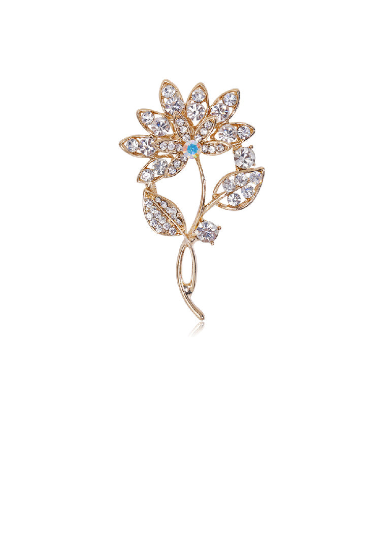 Simple Fashion Plated Gold Flower Brooch with Cubic Zirconia - Luxurious Look