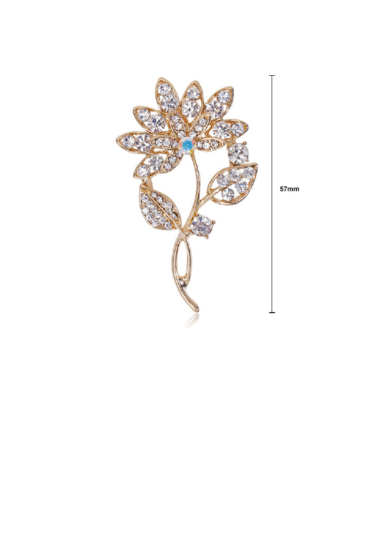 Simple Fashion Plated Gold Flower Brooch with Cubic Zirconia - Luxurious Look