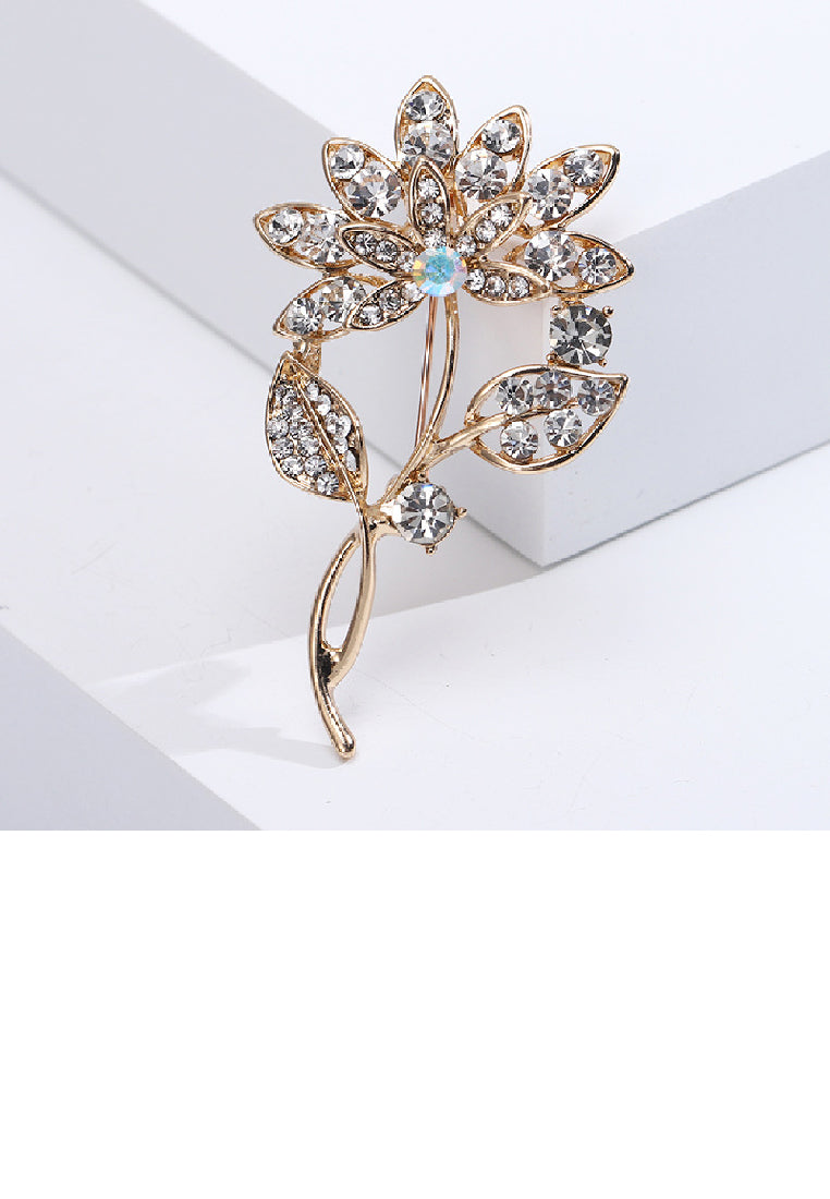Simple Fashion Plated Gold Flower Brooch with Cubic Zirconia - Luxurious Look