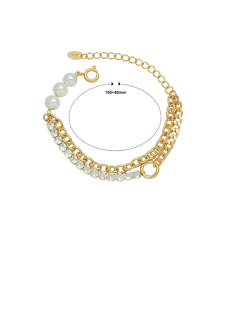 Fashion Personality Plated Gold 316L Stainless Steel Cubic Zircon Splicing Chain Double Layer Bracelet with Imitation Pearls
