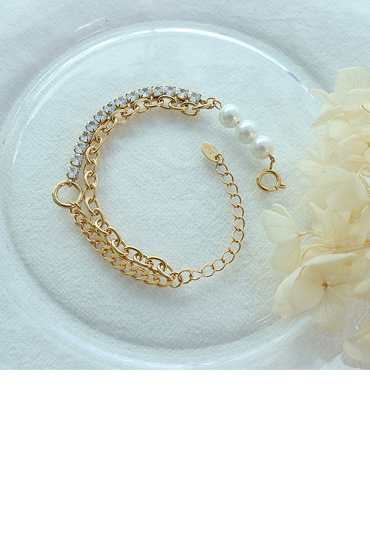 Fashion Personality Plated Gold 316L Stainless Steel Cubic Zircon Splicing Chain Double Layer Bracelet with Imitation Pearls
