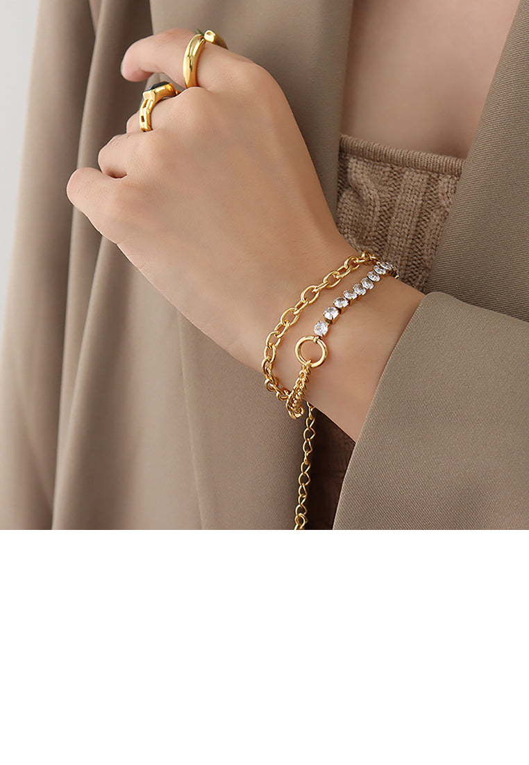 Fashion Personality Plated Gold 316L Stainless Steel Cubic Zircon Splicing Chain Double Layer Bracelet with Imitation Pearls
