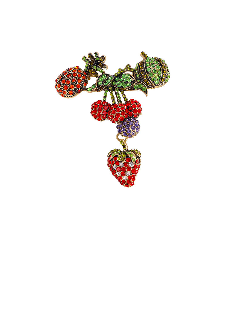 Fashion Brilliant Plated Gold Pineapple Strawberry Lychee Fruit Brooch with Cubic Zirconia - Luxurious Look