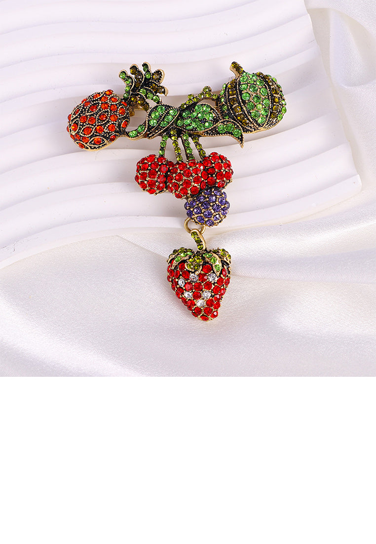 Fashion Brilliant Plated Gold Pineapple Strawberry Lychee Fruit Brooch with Cubic Zirconia - Luxurious Look