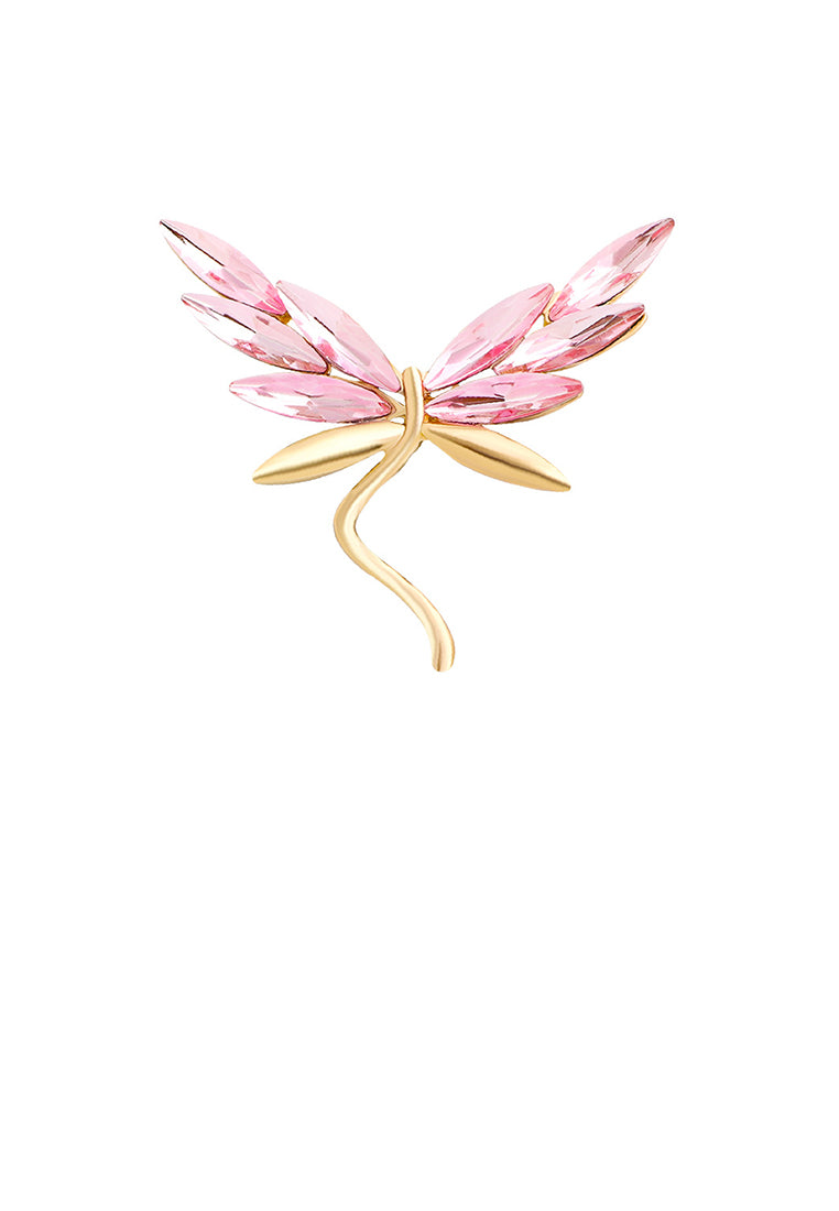 Fashion Simple Plated Gold Dragonfly Brooch with Pink Cubic Zirconia - Luxurious Look - Vibrant Color