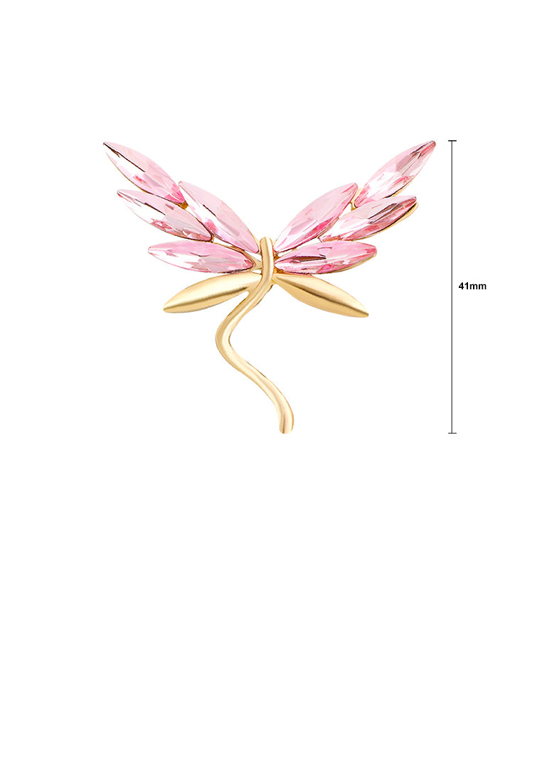 Fashion Simple Plated Gold Dragonfly Brooch with Pink Cubic Zirconia - Luxurious Look - Vibrant Color