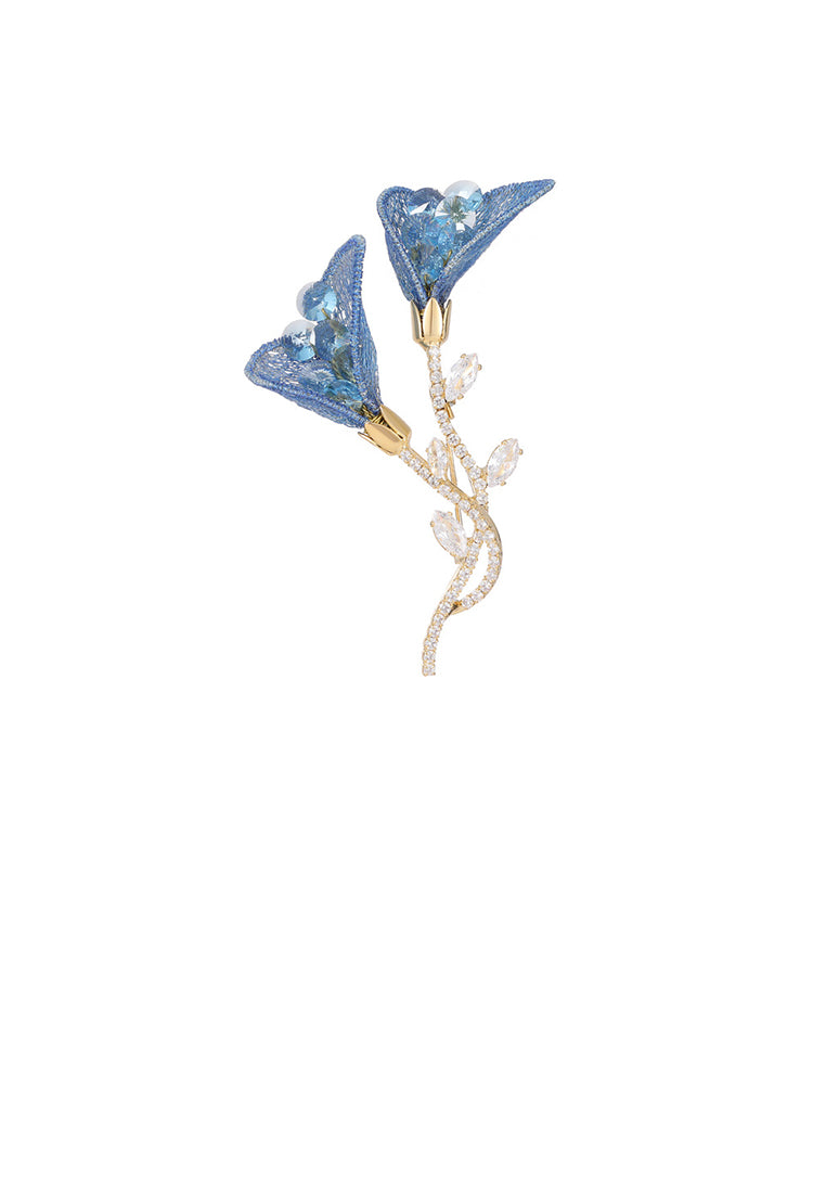 Fashion and Elegant Plated Gold Azalea Brooch with Blue Cubic Zirconia - Luxurious Look