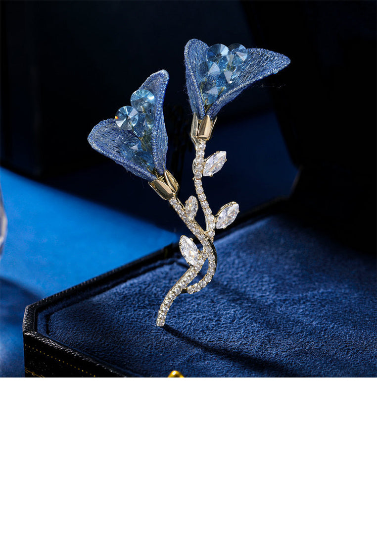 Fashion and Elegant Plated Gold Azalea Brooch with Blue Cubic Zirconia - Luxurious Look