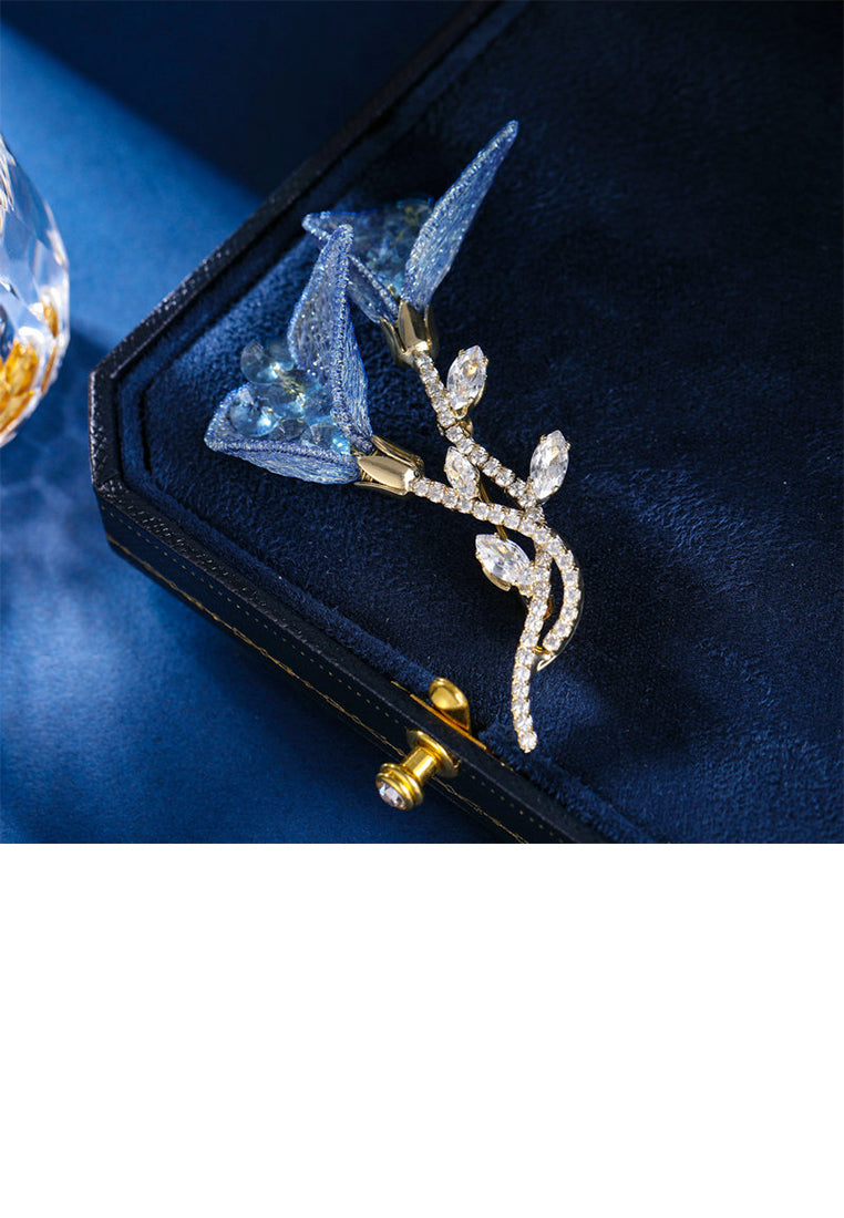 Fashion and Elegant Plated Gold Azalea Brooch with Blue Cubic Zirconia - Luxurious Look