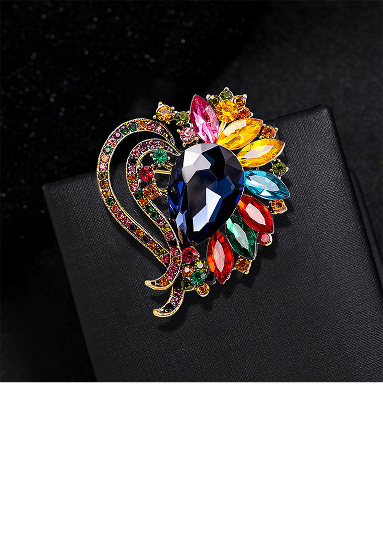 Elegant Brilliant Plated Gold Heart Floral Brooch with Colored Cubic Zirconia - Luxurious Look