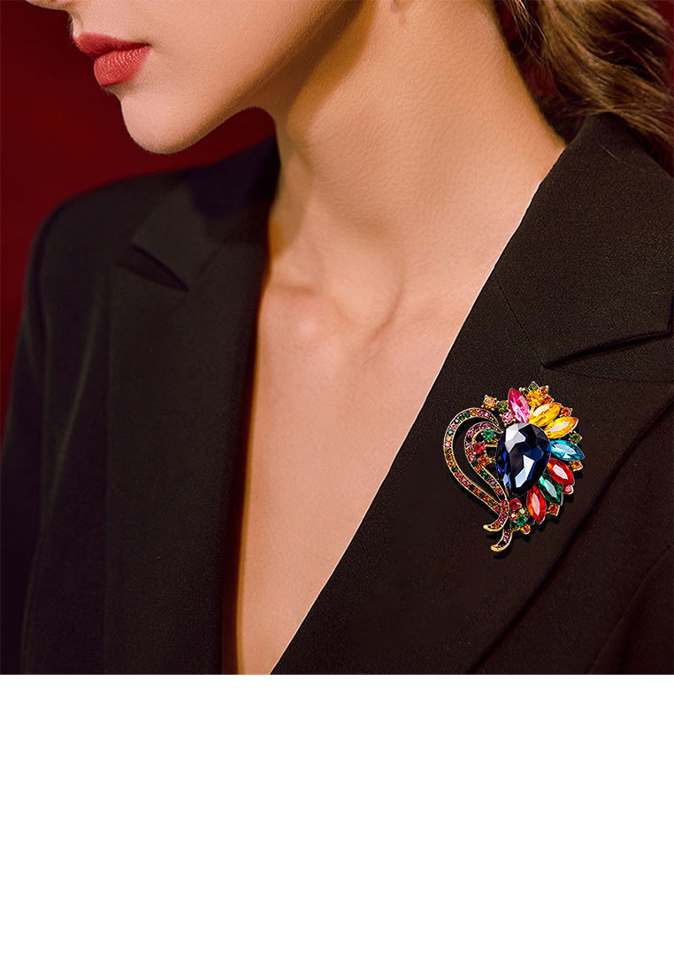 Elegant Brilliant Plated Gold Heart Floral Brooch with Colored Cubic Zirconia - Luxurious Look