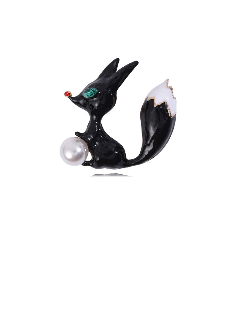 Fashion Lovely Plated Gold Enamel Black Fox Imitation Pearl Brooch with Cubic Zirconia - Luxurious Look