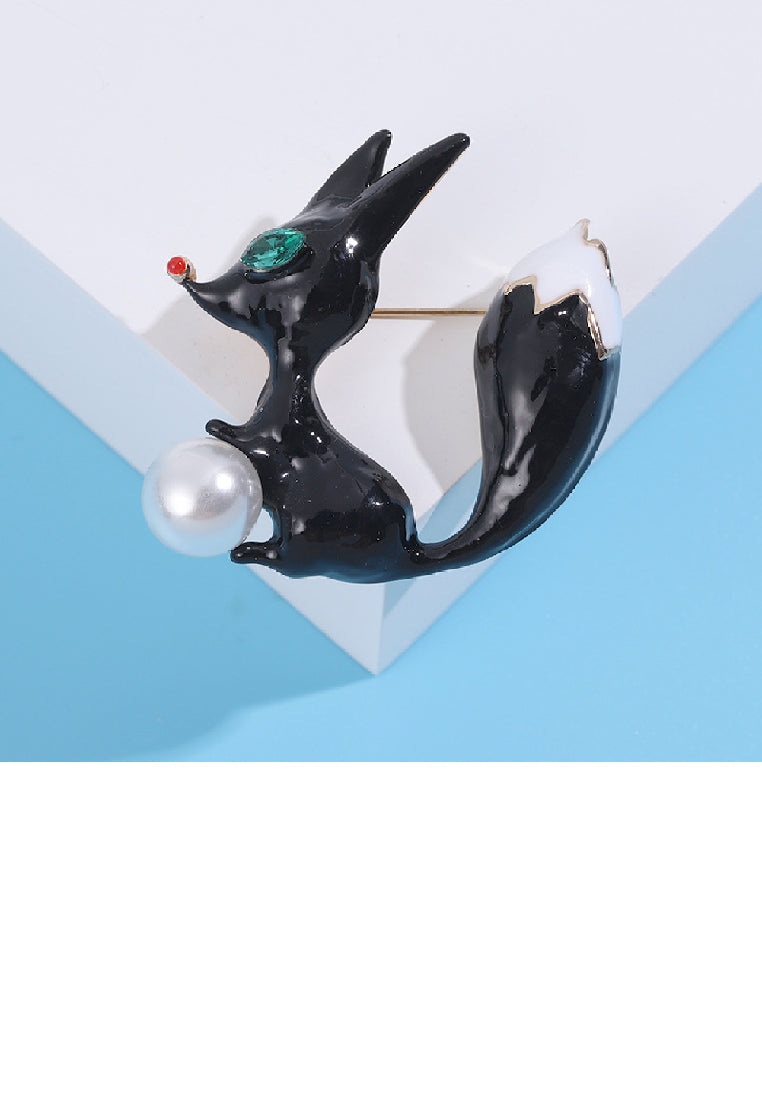 Fashion Lovely Plated Gold Enamel Black Fox Imitation Pearl Brooch with Cubic Zirconia - Luxurious Look