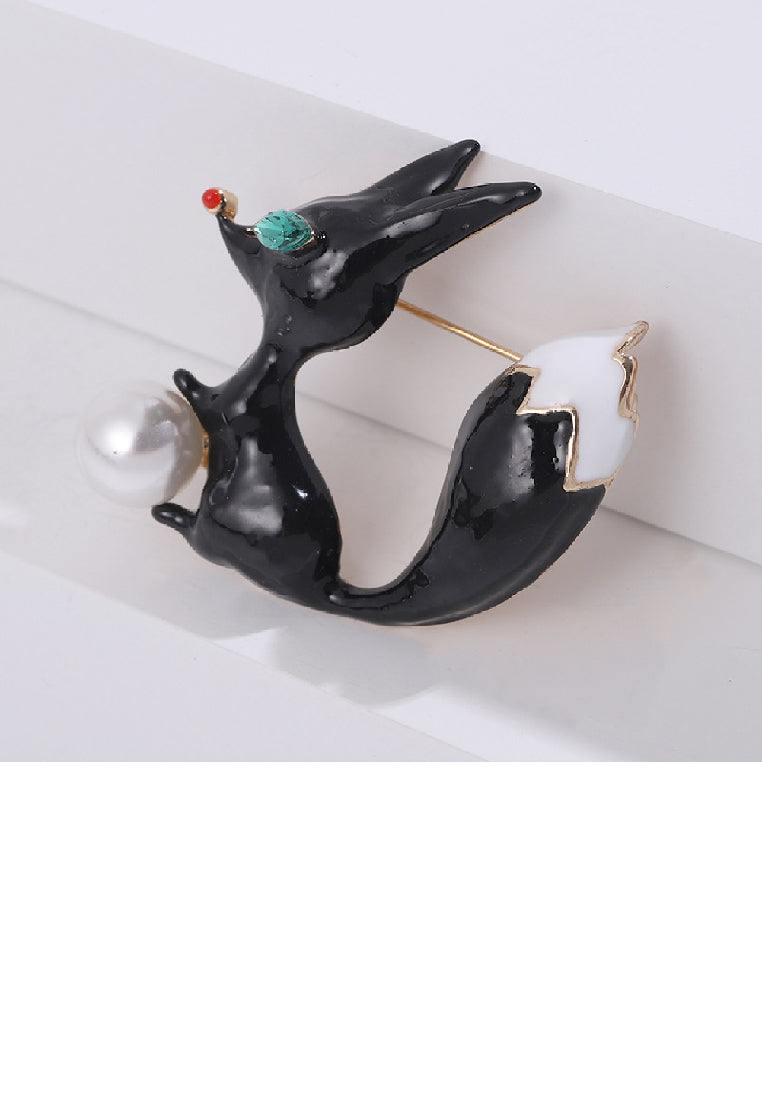 Fashion Lovely Plated Gold Enamel Black Fox Imitation Pearl Brooch with Cubic Zirconia - Luxurious Look