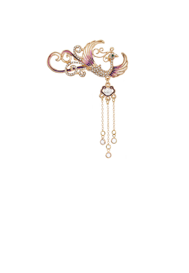 Fashion Vintage Plated Gold Enamel Phoenix Tassel Brooch with Cubic Zirconia - Luxurious Look