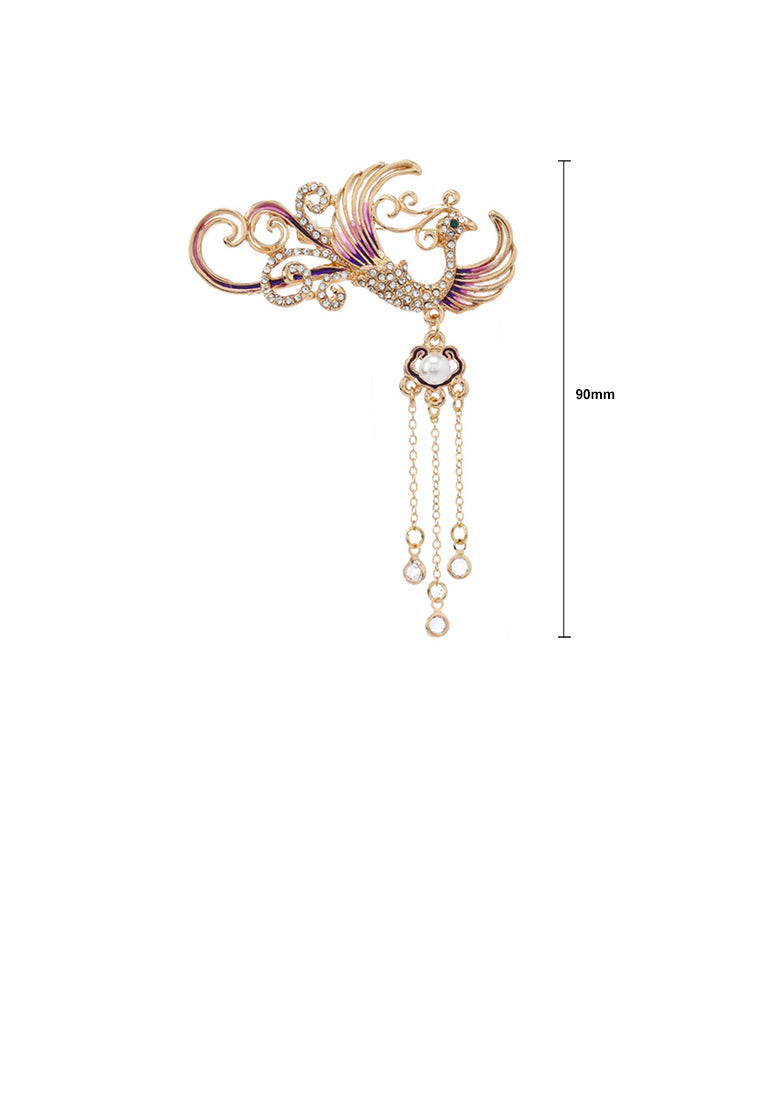 Fashion Vintage Plated Gold Enamel Phoenix Tassel Brooch with Cubic Zirconia - Luxurious Look