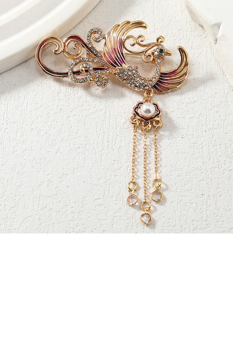 Fashion Vintage Plated Gold Enamel Phoenix Tassel Brooch with Cubic Zirconia - Luxurious Look