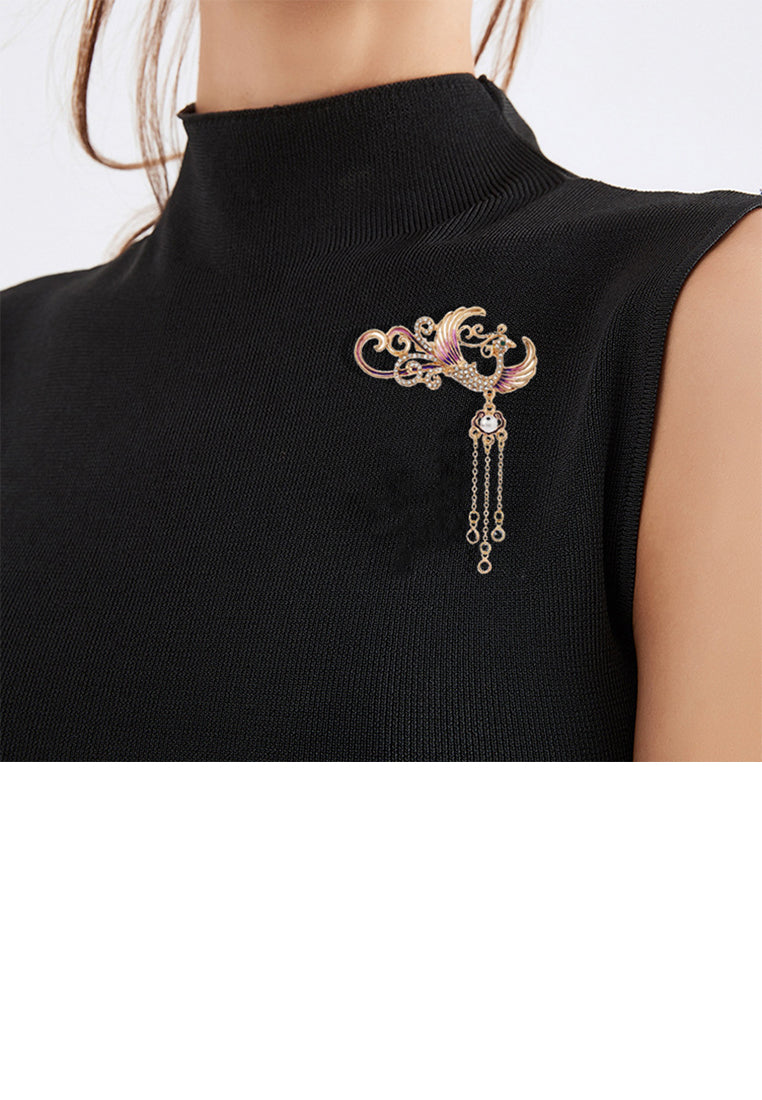 Fashion Vintage Plated Gold Enamel Phoenix Tassel Brooch with Cubic Zirconia - Luxurious Look