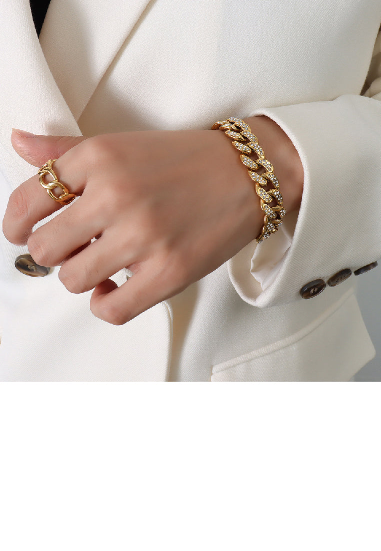 Fashion Bright Plated Gold 316L Stainless Steel Chain Bracelet with Cubic Zirconia - Luxurious Look