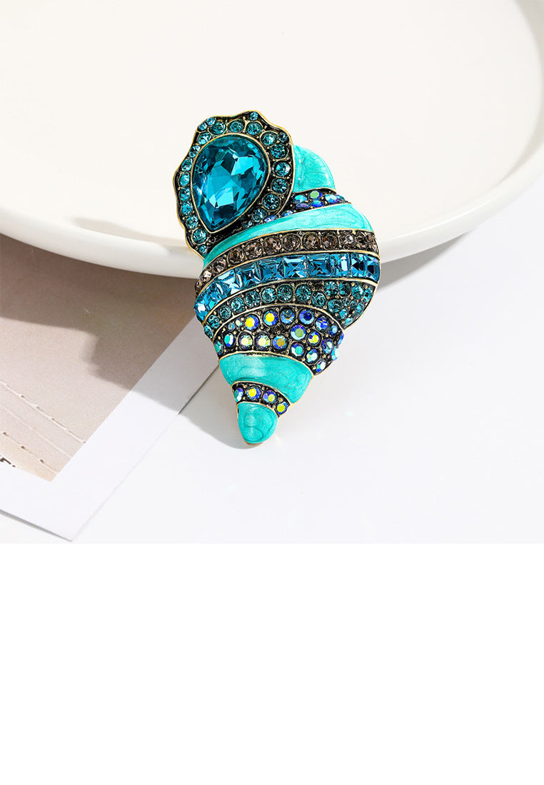 Fashion Temperament Plated Gold Enamel Blue Conch Brooch with Cubic Zirconia - Luxurious Look