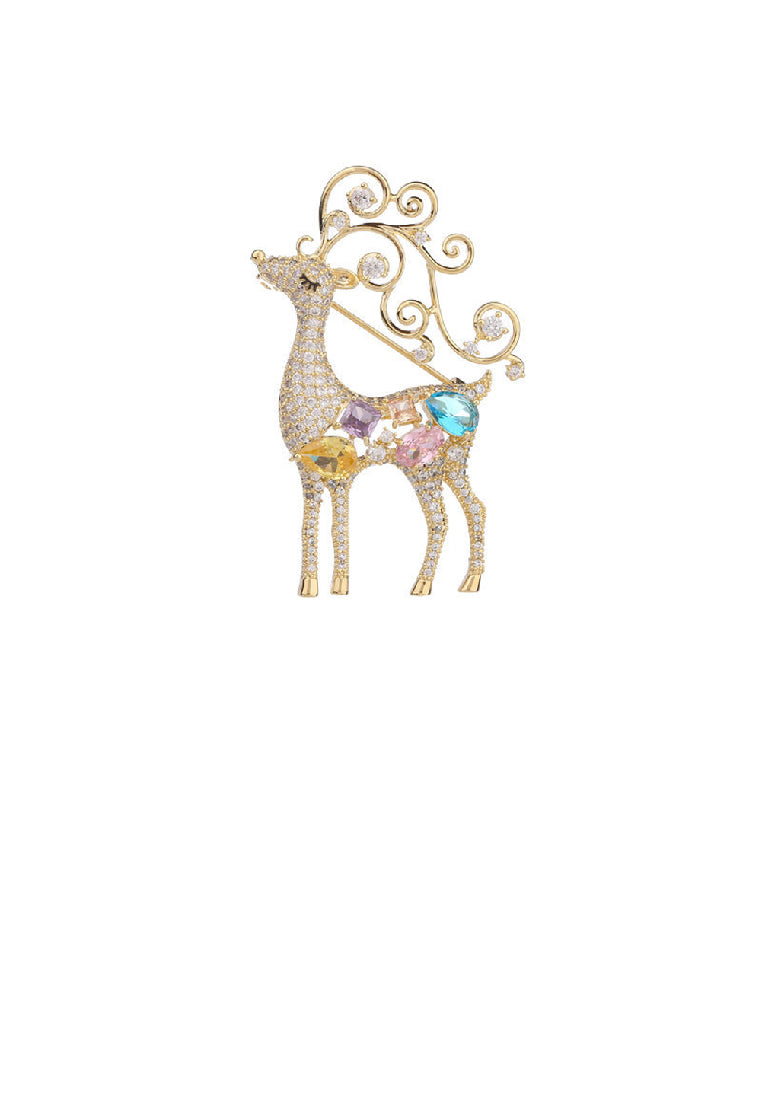 Brilliant Lovely Plated Gold Christmas Elk Brooch with Cubic Zirconia - Luxurious Look