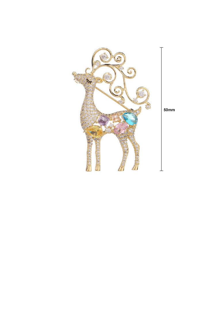 Brilliant Lovely Plated Gold Christmas Elk Brooch with Cubic Zirconia - Luxurious Look
