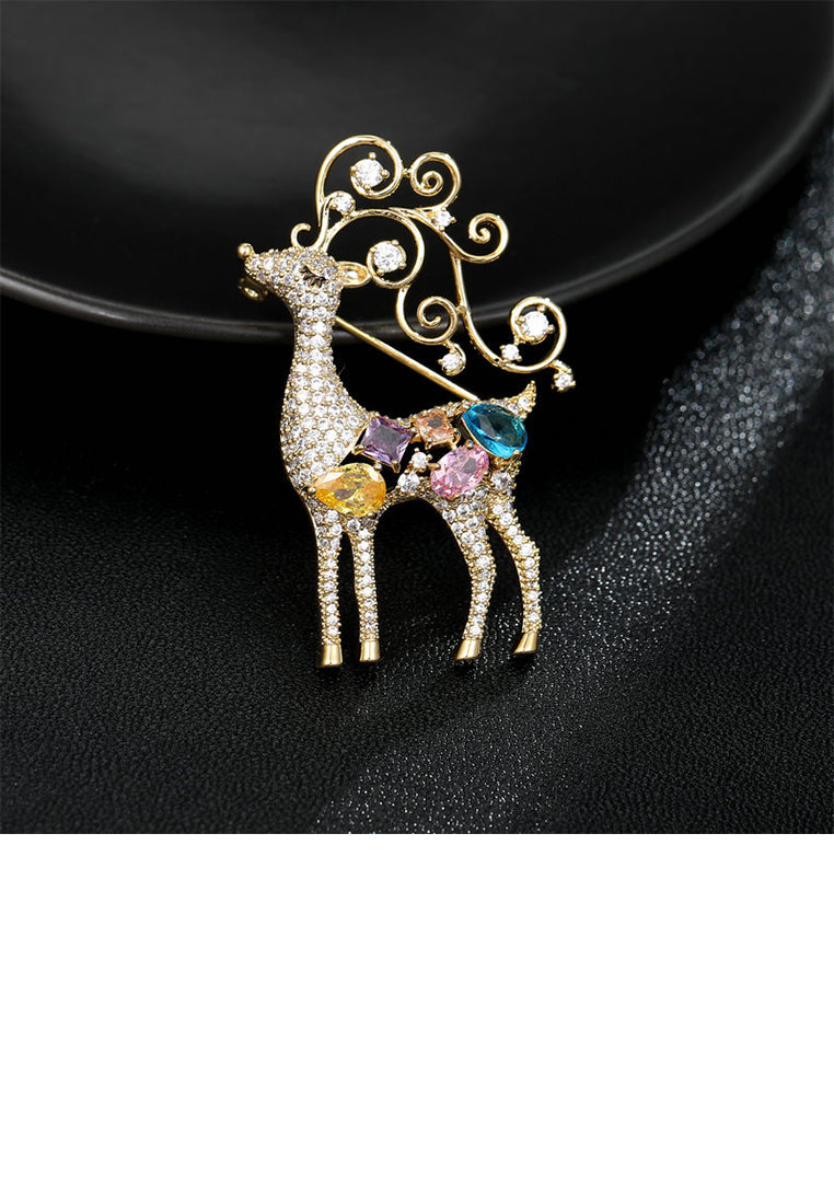 Brilliant Lovely Plated Gold Christmas Elk Brooch with Cubic Zirconia - Luxurious Look