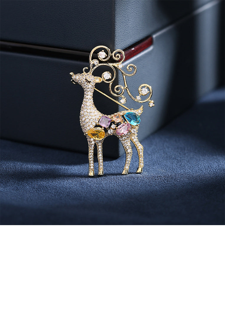 Brilliant Lovely Plated Gold Christmas Elk Brooch with Cubic Zirconia - Luxurious Look