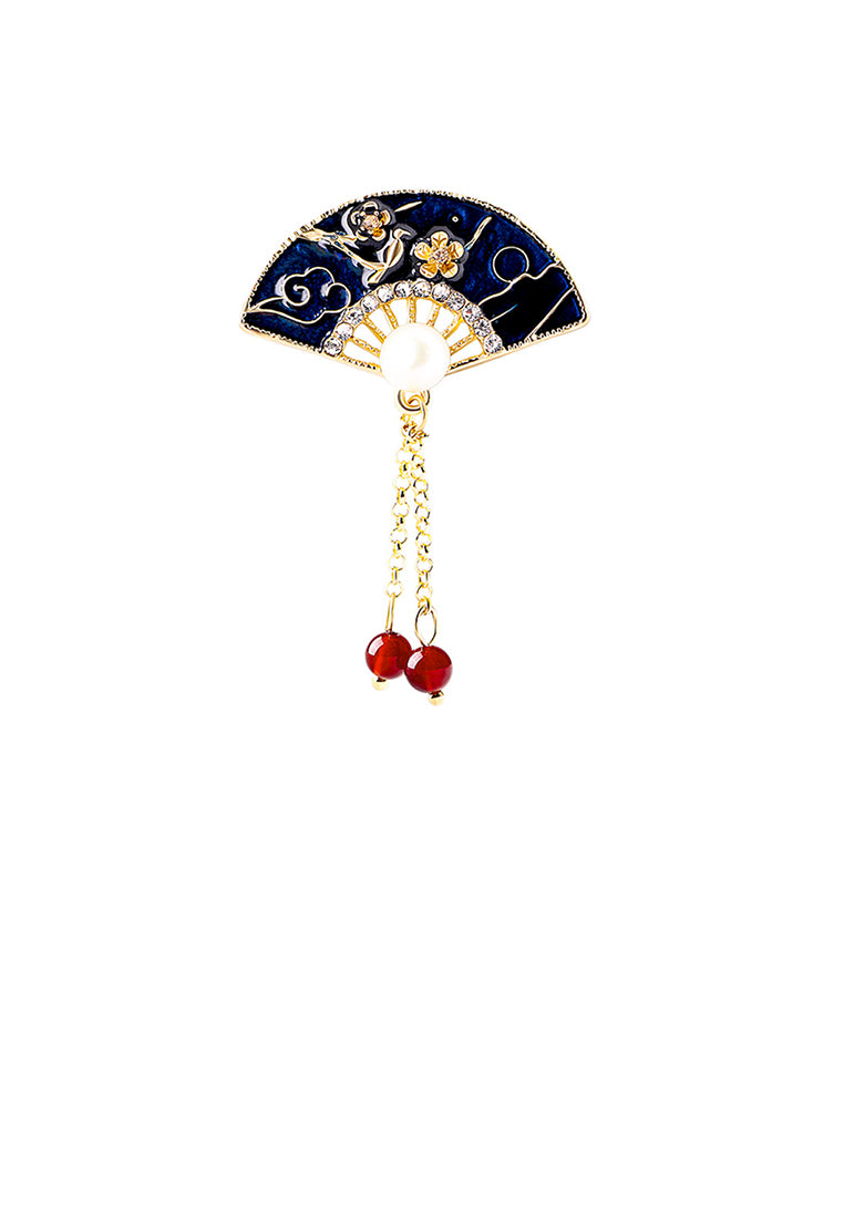 Fashion Vintage Plated Gold Enamel Flower Fan Imitation Pearl Tassel Brooch - Luxurious Look