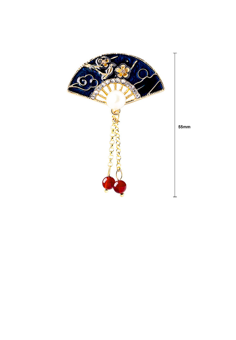 Fashion Vintage Plated Gold Enamel Flower Fan Imitation Pearl Tassel Brooch - Luxurious Look