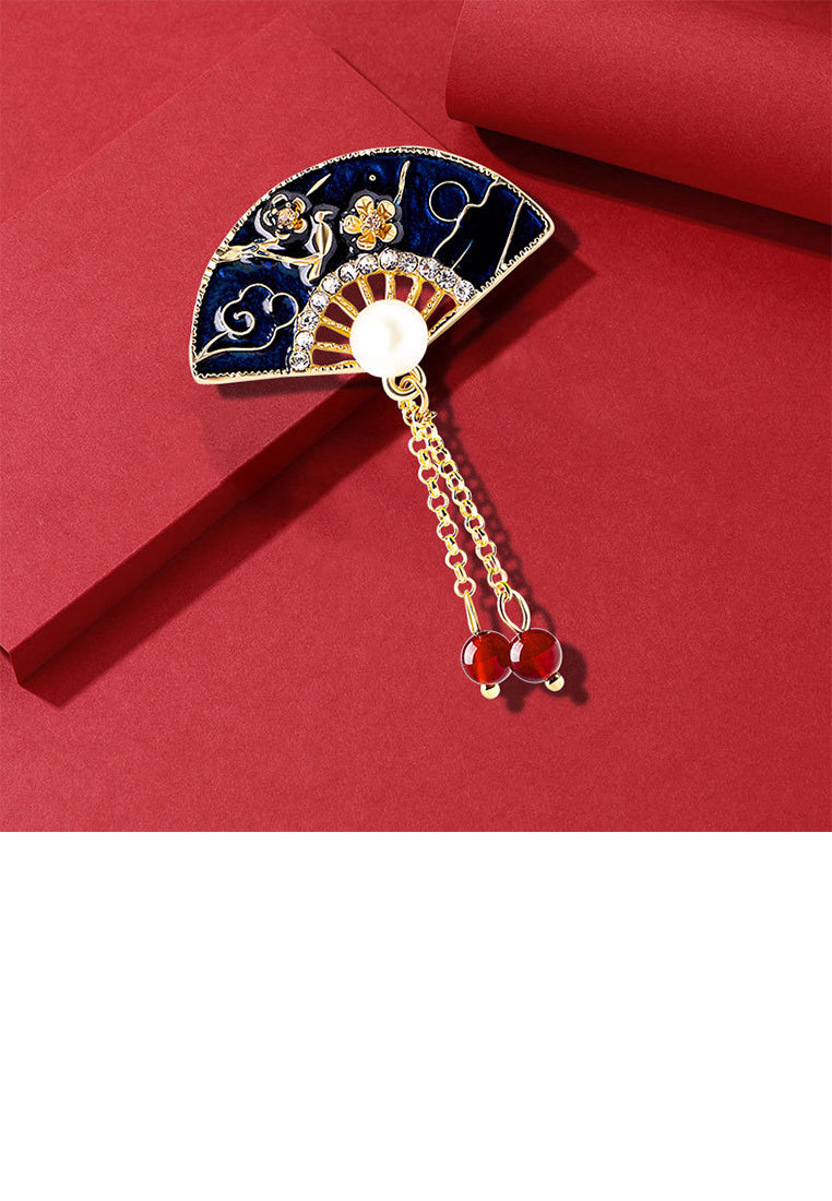 Fashion Vintage Plated Gold Enamel Flower Fan Imitation Pearl Tassel Brooch - Luxurious Look