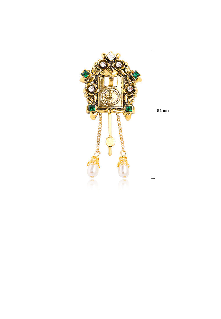 Fashion Vintage Plated Gold Alarm Clock Imitation Pearl Tassel Brooch with Cubic Zirconia - Luxurious Look