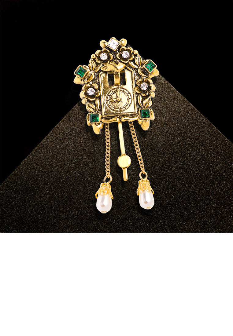 Fashion Vintage Plated Gold Alarm Clock Imitation Pearl Tassel Brooch with Cubic Zirconia - Luxurious Look