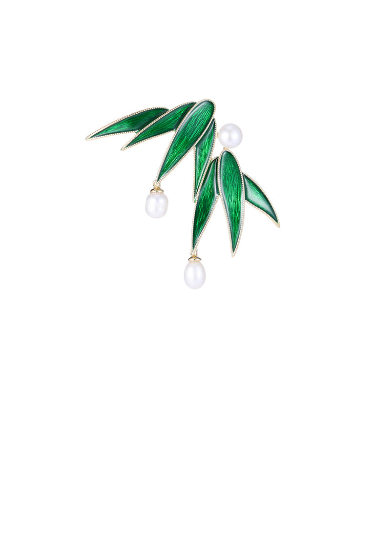 Fashion Vintage Plated Gold Enamel Green Bamboo Leaf Imitation Pearl Brooch - Luxurious Look