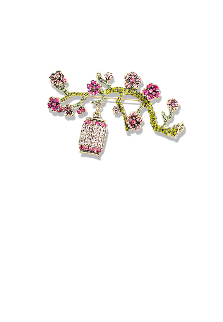 Fashion Brilliant Plated Gold Plum Flowerpot Brooch with Red Cubic Zirconia - Luxurious Look - Vibrant Color