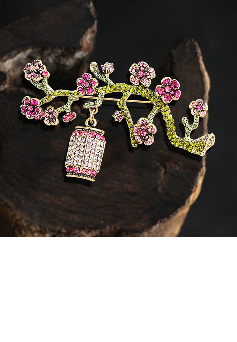 Fashion Brilliant Plated Gold Plum Flowerpot Brooch with Red Cubic Zirconia - Luxurious Look - Vibrant Color