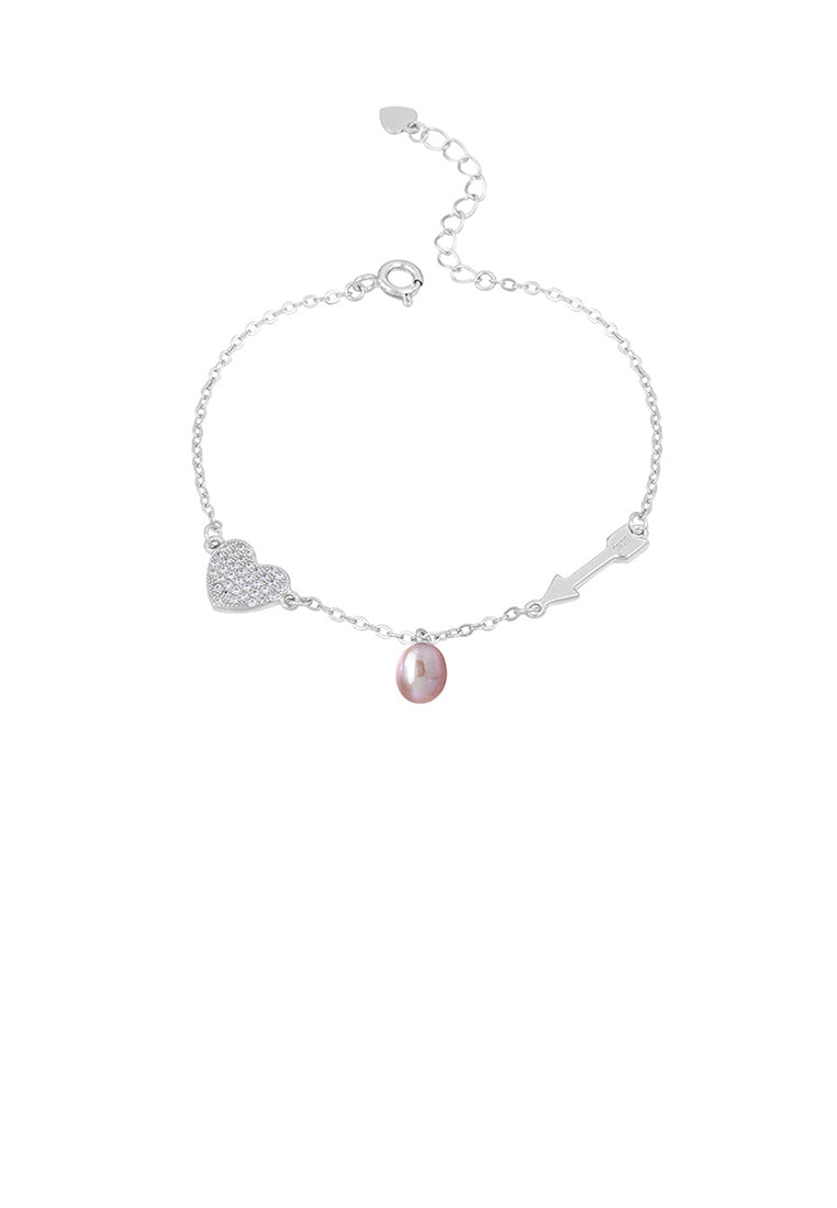 925 Sterling Silver Fashion Simple Heart Shaped Arrow Purple Freshwater Pearl Bracelet with Cubic Zirconia - Luxurious Look