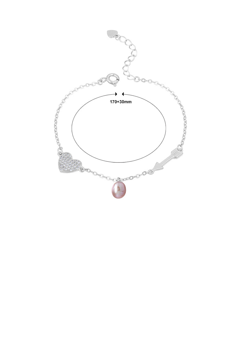 925 Sterling Silver Fashion Simple Heart Shaped Arrow Purple Freshwater Pearl Bracelet with Cubic Zirconia - Luxurious Look