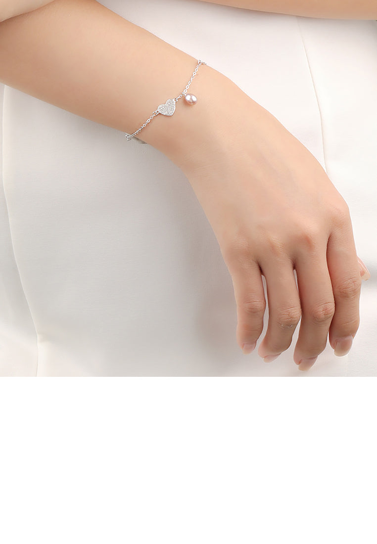 925 Sterling Silver Fashion Simple Heart Shaped Arrow Purple Freshwater Pearl Bracelet with Cubic Zirconia - Luxurious Look