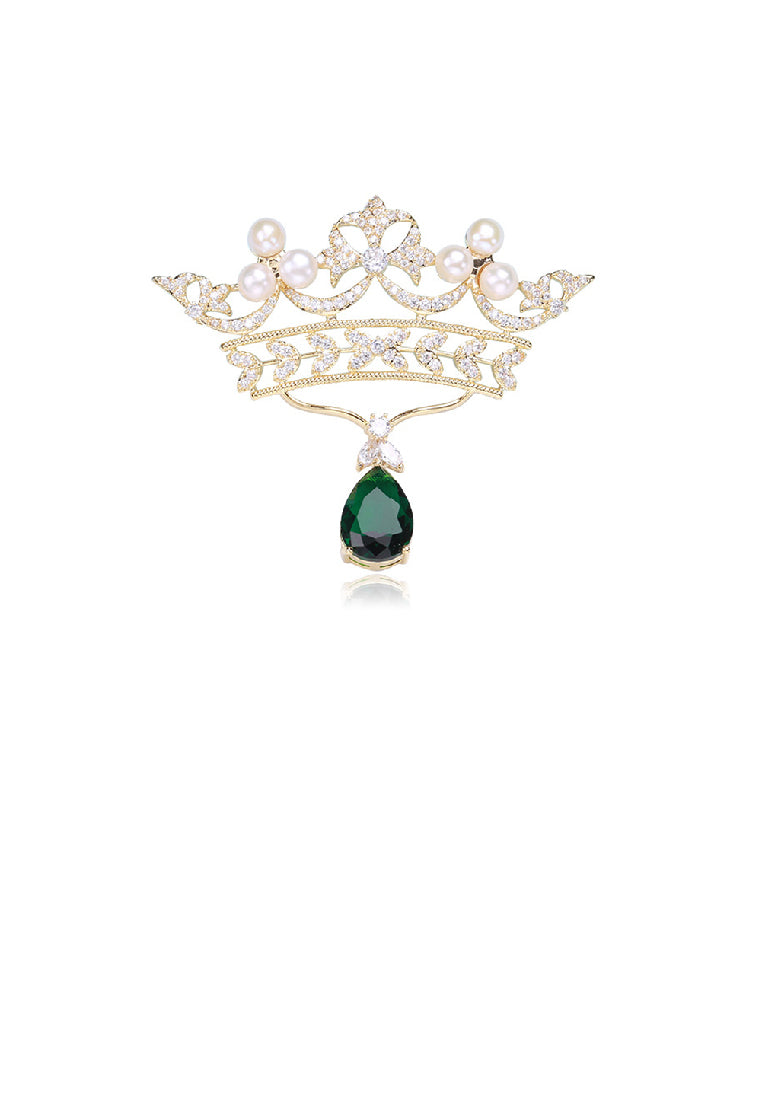 Fashion Temperament Plated Gold Crown Imitation Pearl Brooch with Cubic Zirconia - Luxurious Look