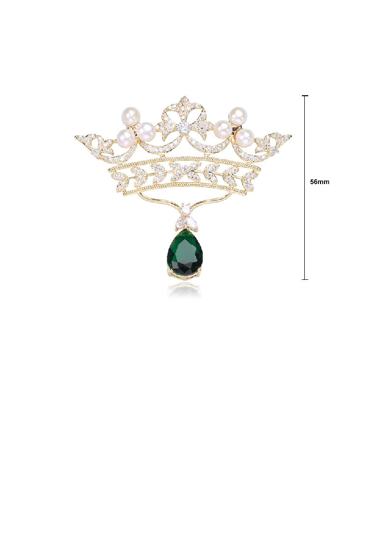 Fashion Temperament Plated Gold Crown Imitation Pearl Brooch with Cubic Zirconia - Luxurious Look