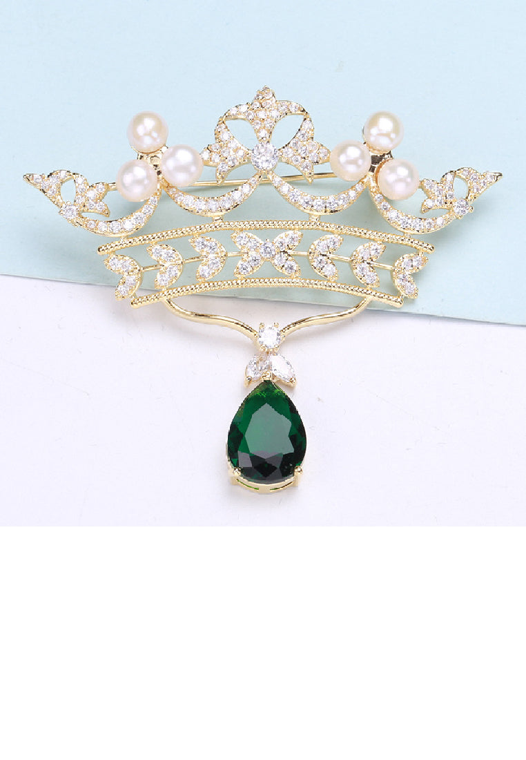 Fashion Temperament Plated Gold Crown Imitation Pearl Brooch with Cubic Zirconia - Luxurious Look